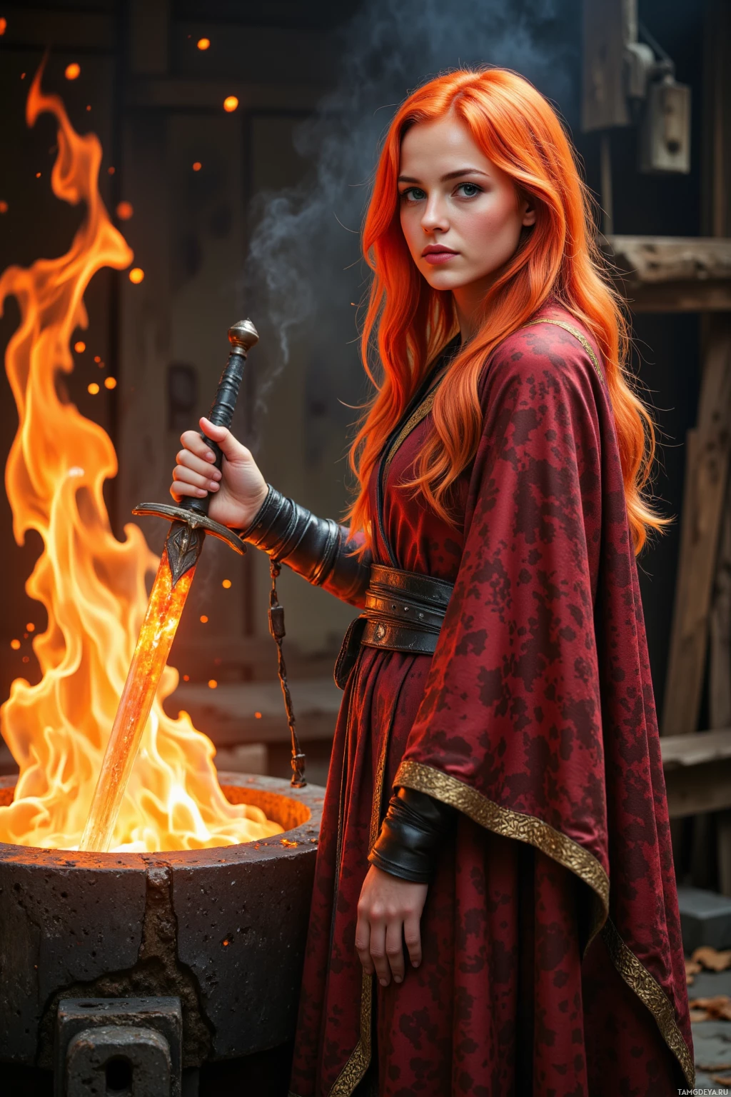 A person with long orange hair stands beside a forge, holding a sword that emits flames.