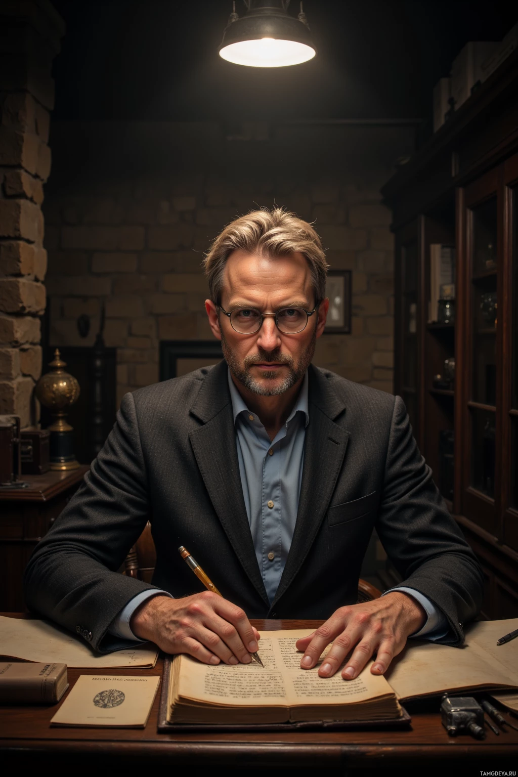 A man in a suit sits at a desk, writing in a book under a lamp.