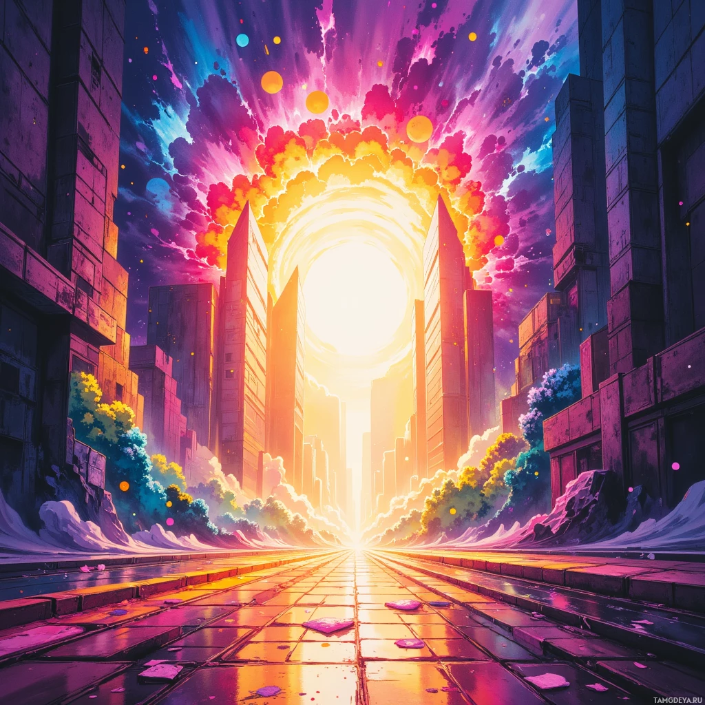 A vibrant, futuristic cityscape with towering skyscrapers and a radiant, colorful sky.