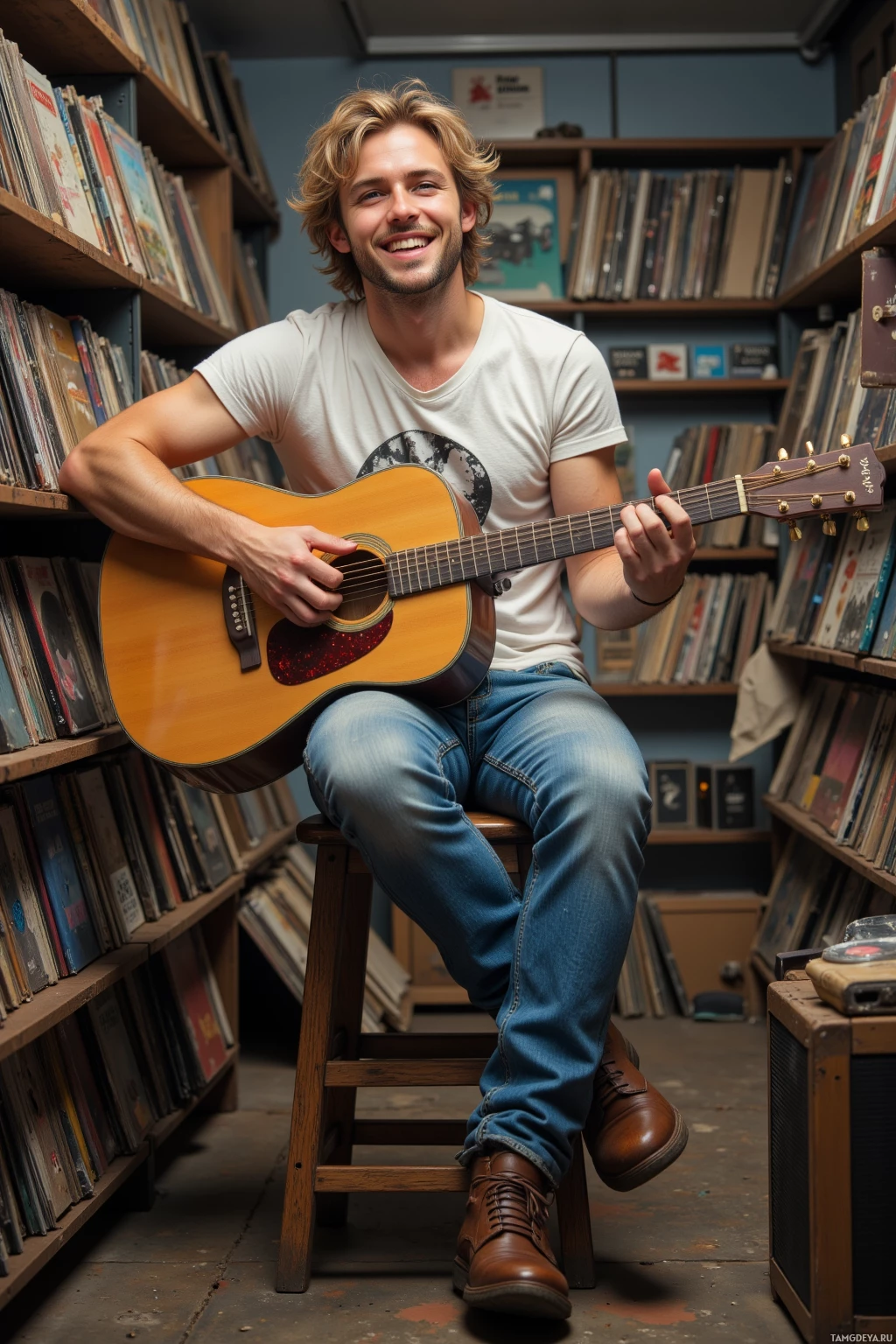 A man sits on a stool in a record store, holding an acoustic guitar and smiling.