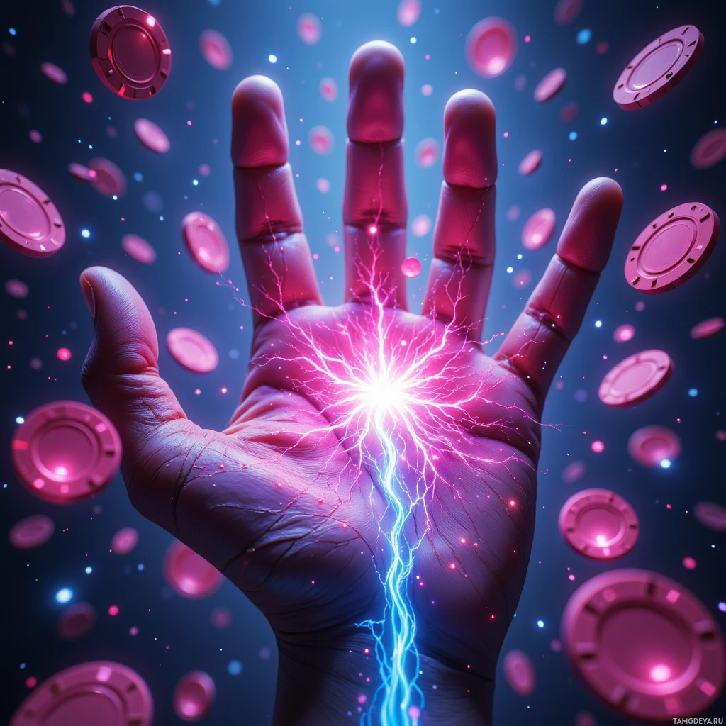 A hand with glowing pink and blue energy emanating from its palm is surrounded by floating red poker chips against a dark background.