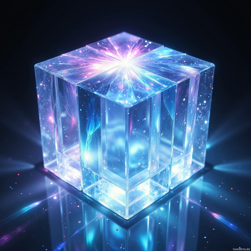 A glowing, transparent cube with a cosmic, starry interior and radiant light emanating from its center.