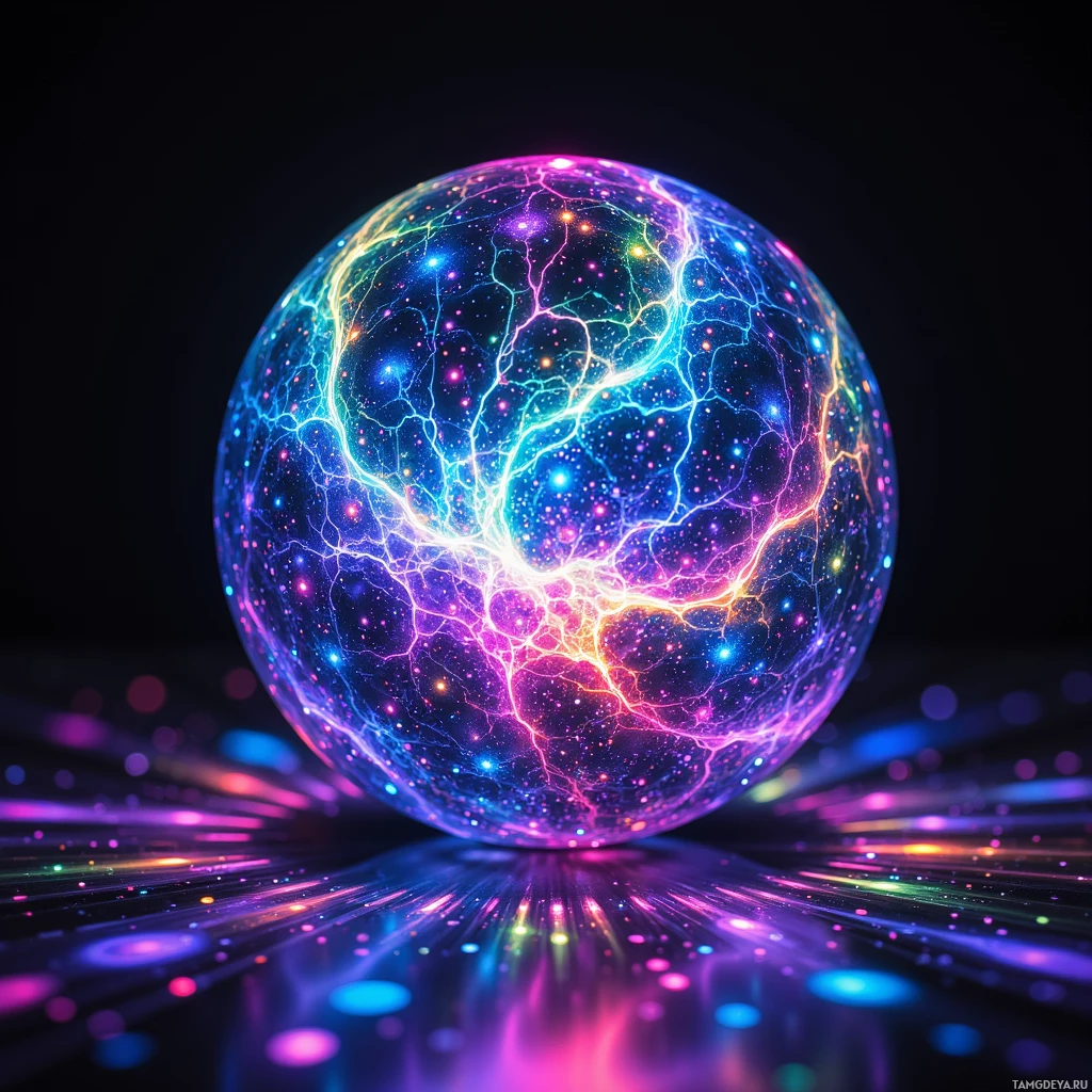 A glowing sphere with intricate, colorful patterns and reflections on a dark surface.