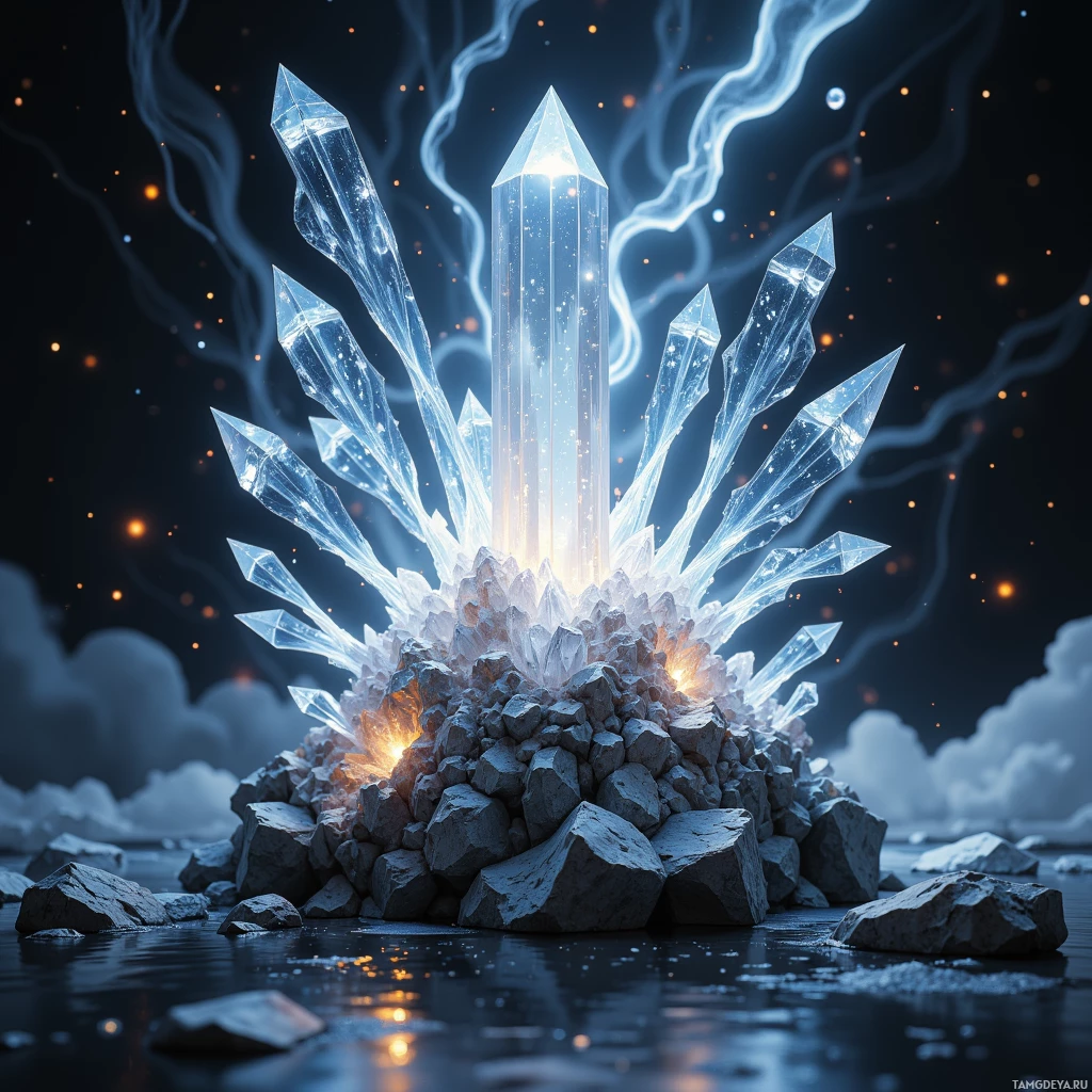 Illuminated crystal formations emerging from rocky ground with glowing particles and swirling energy in the background.