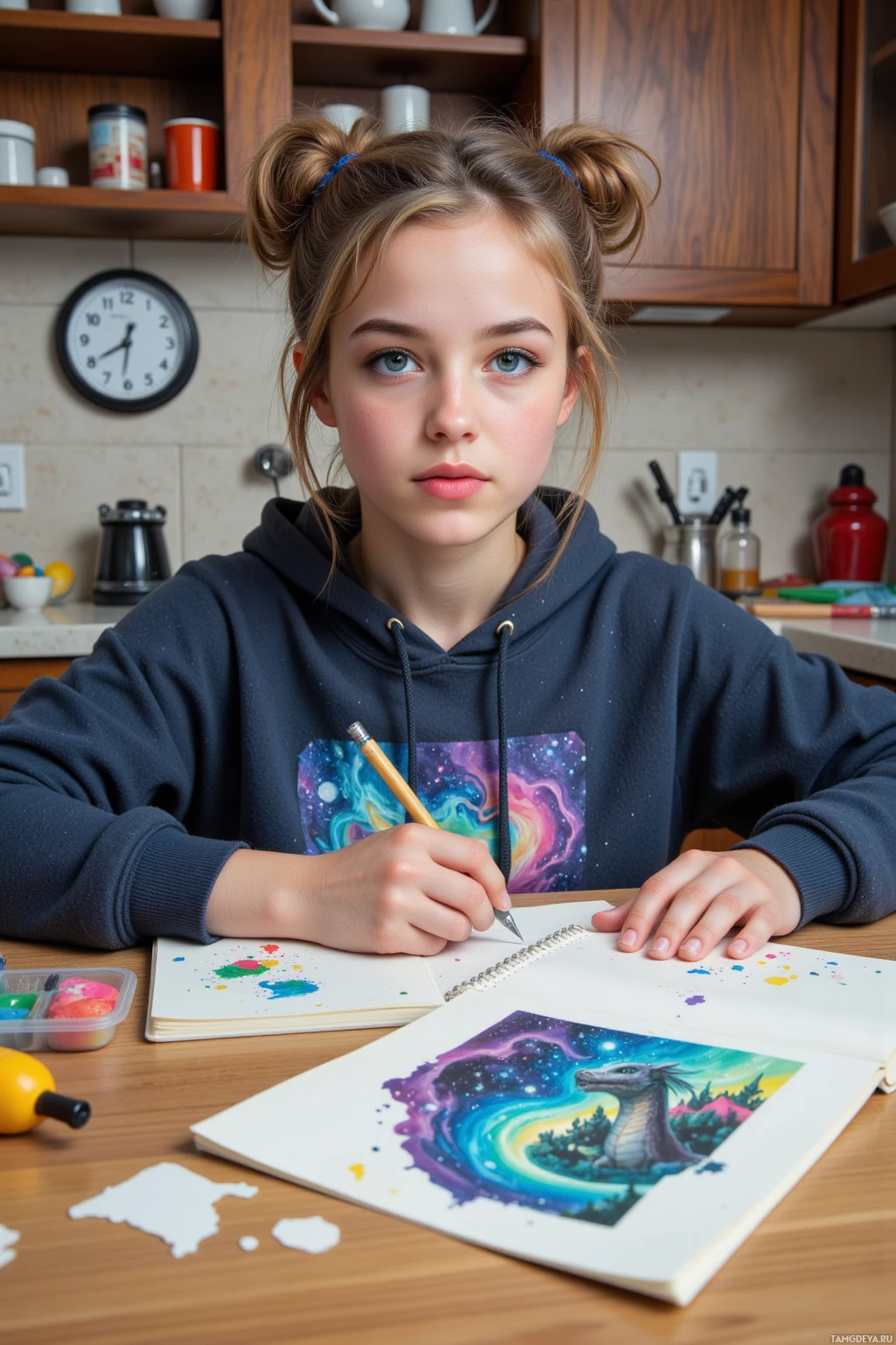 A young person wearing a hoodie is drawing in a notebook at a table.