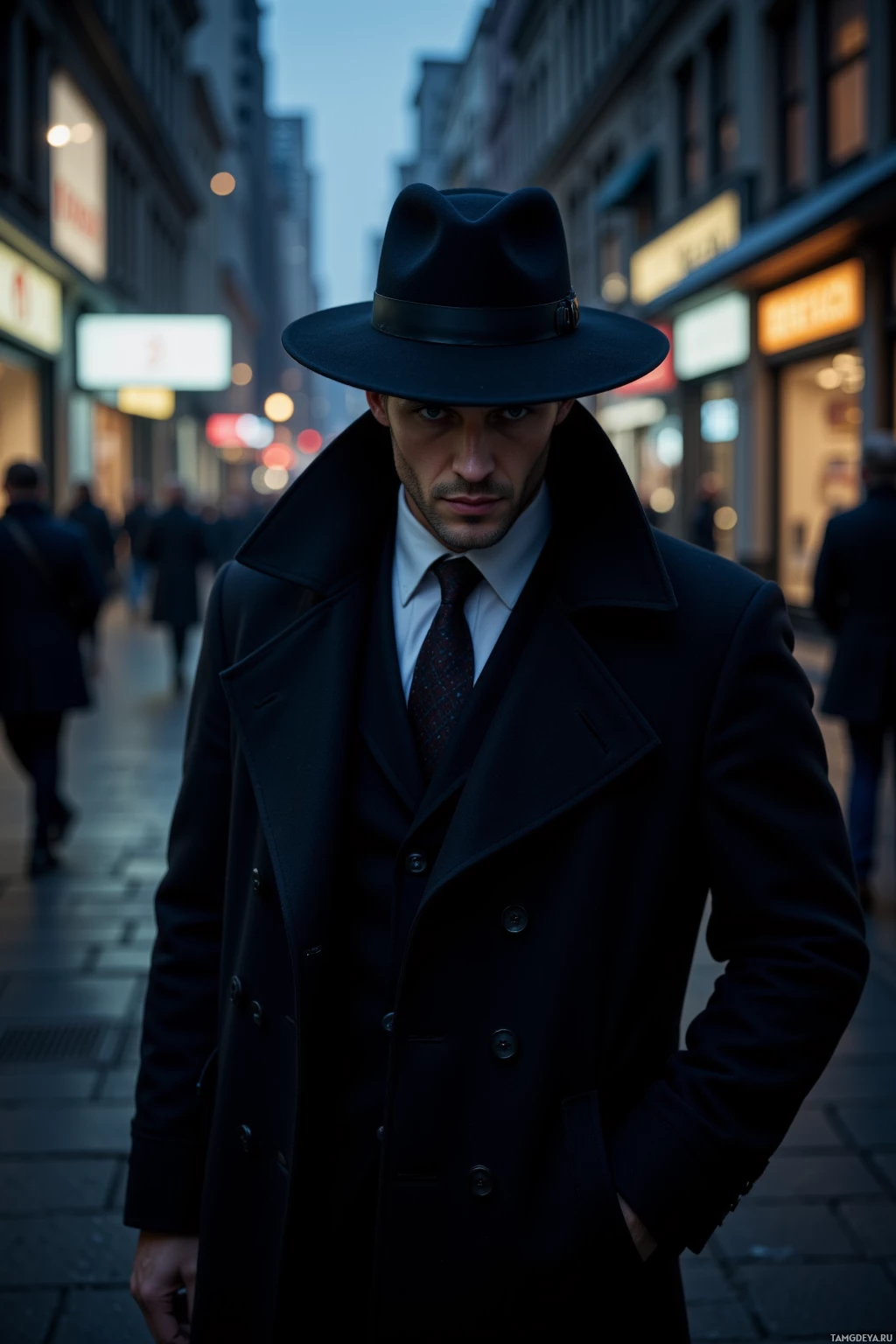 A man in a dark coat and fedora stands on a city street at dusk.