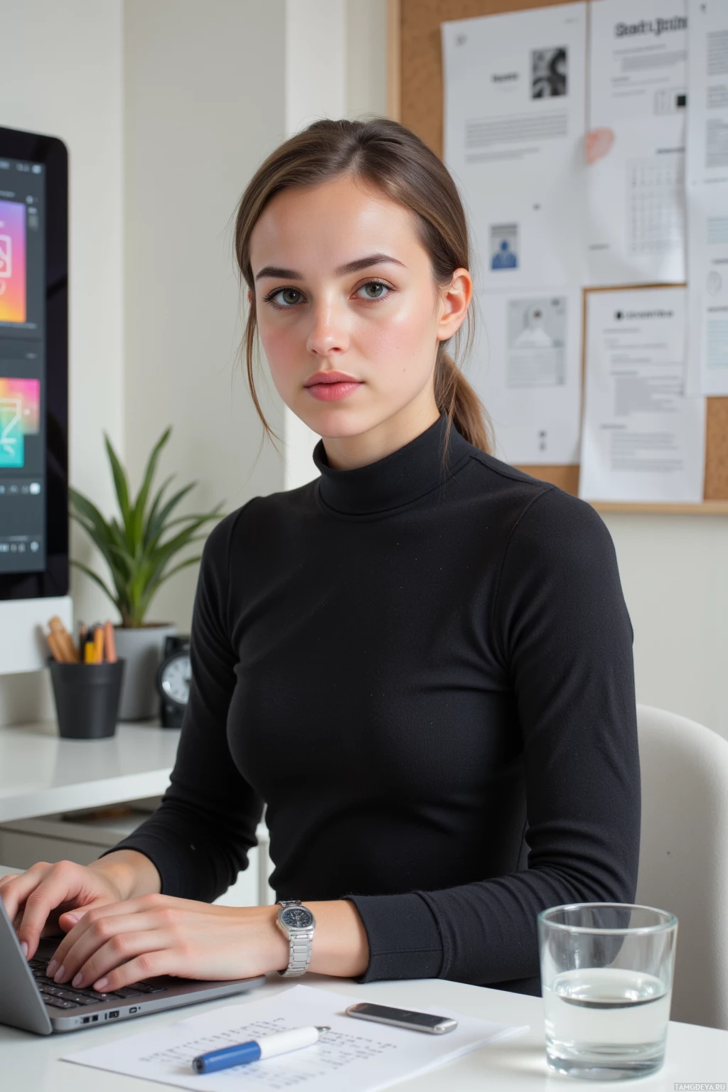 Realistic high quality photo. Portrait of a 30‑year‑old woman with dark brown hair in a sleek low ponytail, deep brown eyes, porcelain complexion, wearing a minimalist black fitted top and matching trousers, elegant heels, and a silver watch, sitting at a modern office desk at midday, typing an email on a laptop that displays a pixel‑perfect maze logo, surrounded by a printed mood board, bullet‑point notes, design briefs, and a glass of water, with a calm yet focused expression.