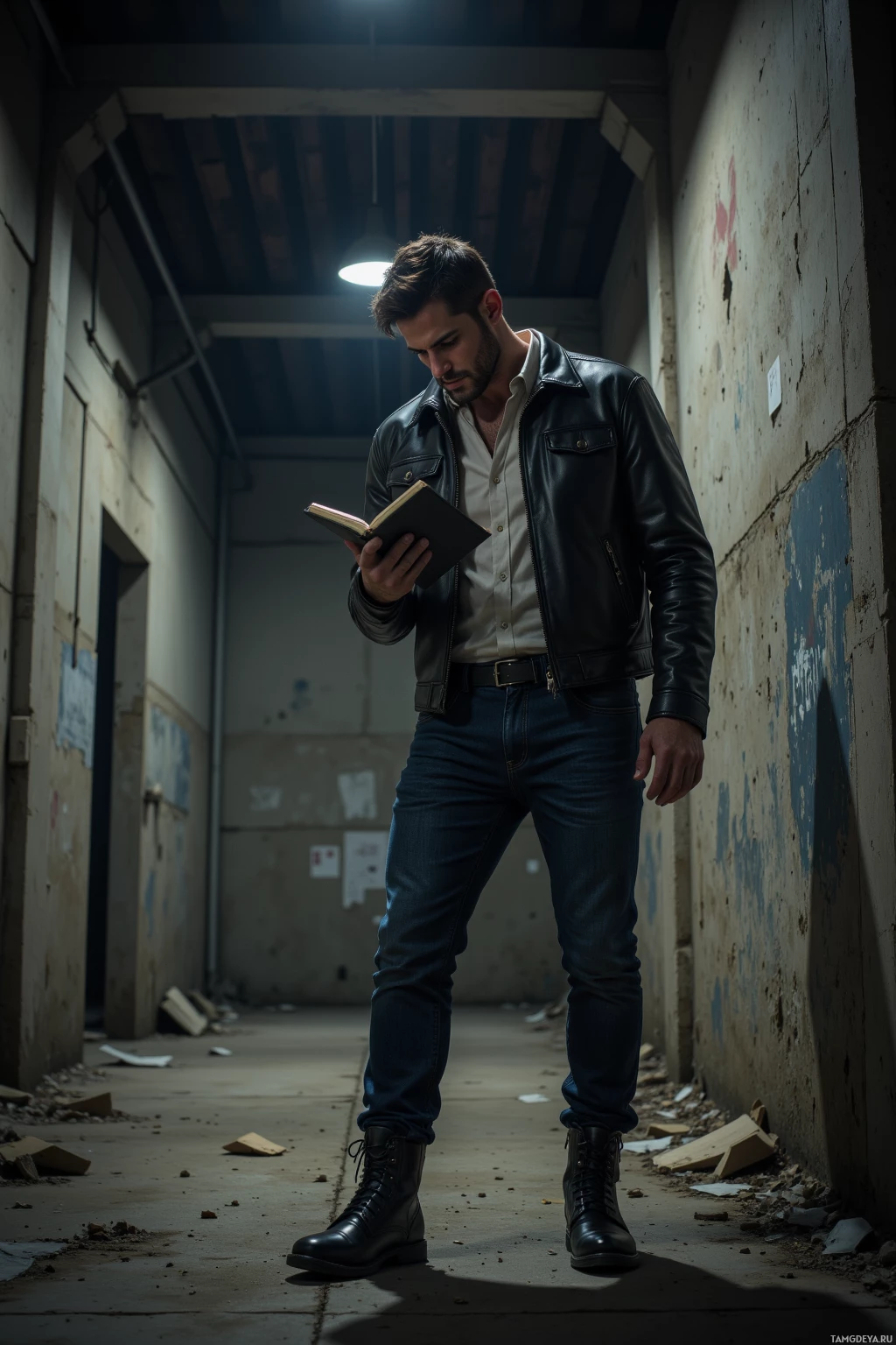 Realistic high quality photo. A rugged mid‑30s male with short black hair, wearing a black leather jacket over a white shirt, dark blue jeans and black boots, intensely rummaging through an abandoned warehouse at night under dim streetlight shafts, holding a notebook as he hunts for faint ink stains on concrete walls.