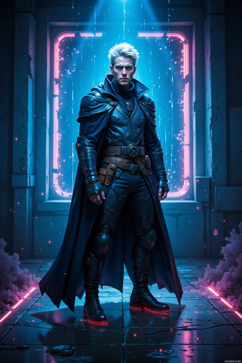 A person in a futuristic outfit stands confidently against a neon-lit background.