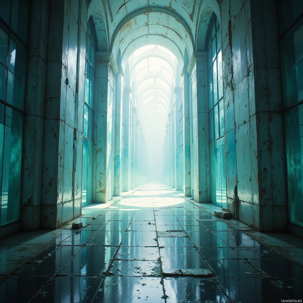 A long, narrow corridor with arched ceilings and large windows letting in bright light.