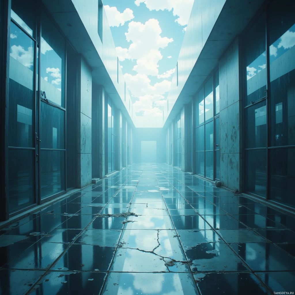 A long corridor with reflective floors and glass walls leading to a bright, open sky.