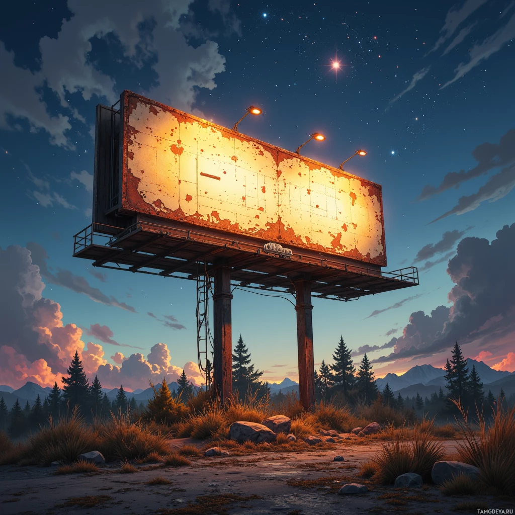 An old, rusted billboard stands illuminated against a backdrop of a starry night sky and distant mountains.