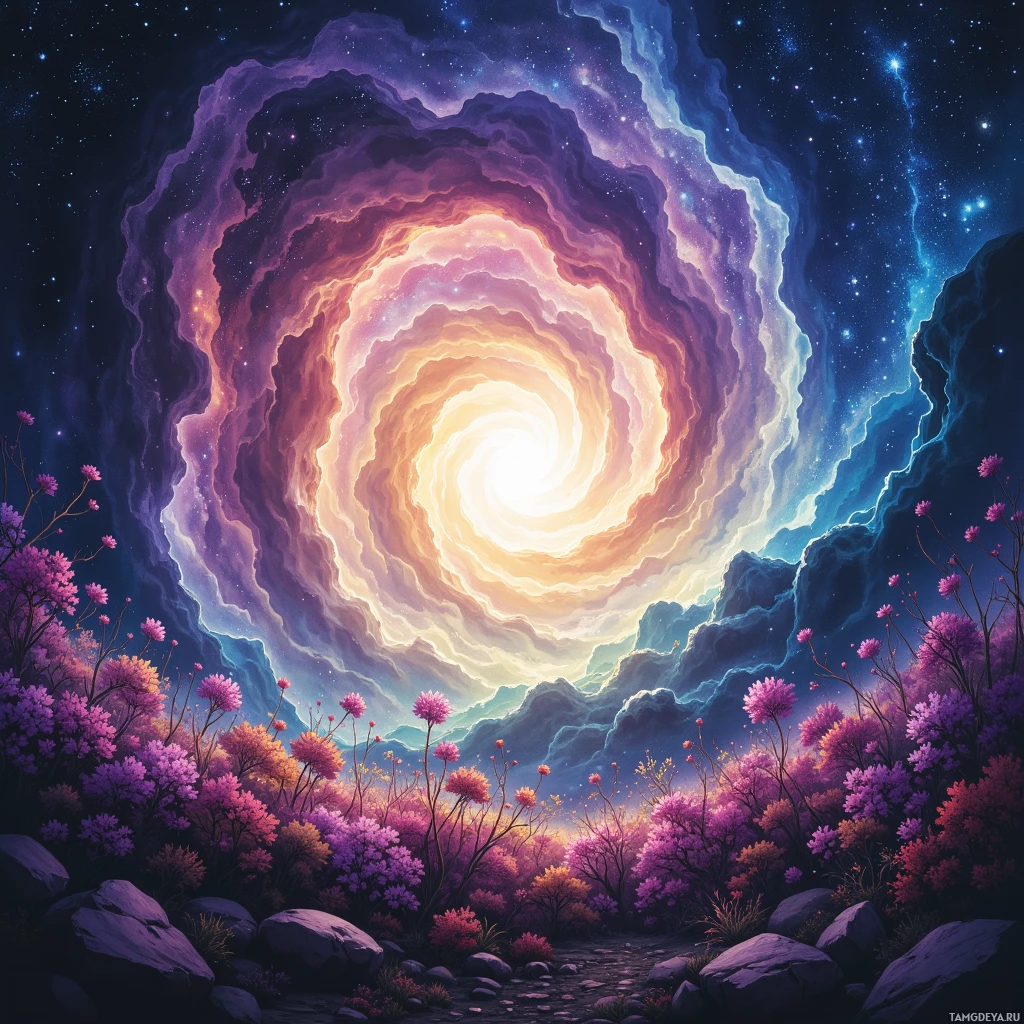 A vibrant landscape with colorful flowers and a swirling galaxy in the sky.