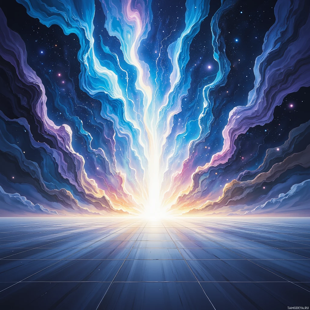 A vibrant cosmic scene with swirling clouds and a radiant light source at the horizon.
