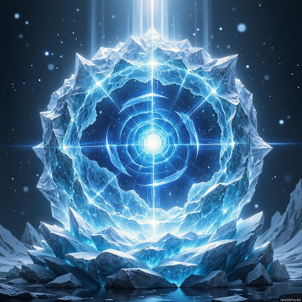 A glowing, crystalline structure with a radiant light at its center, set against a dark, starry background.