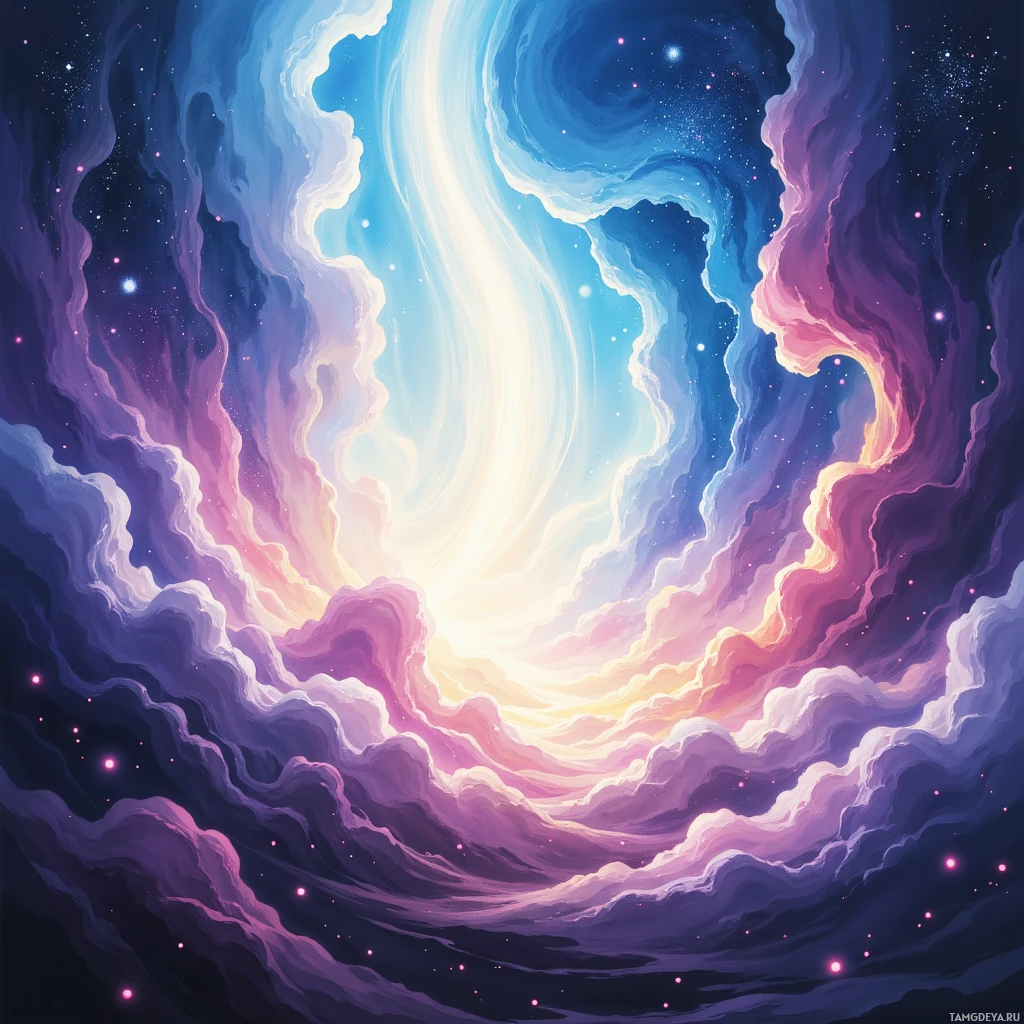 A vibrant cosmic scene with swirling clouds and a bright light source.