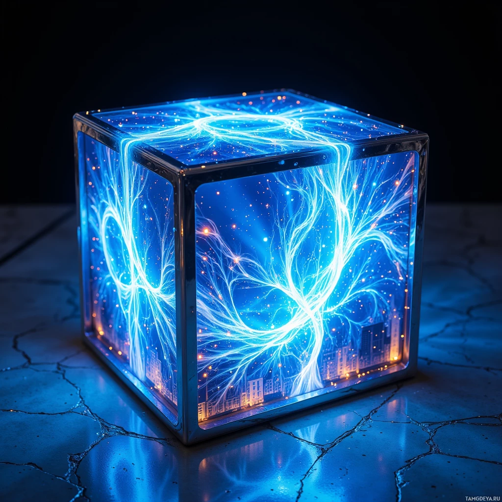 A glowing blue cube with intricate light patterns and small orange dots inside, placed on a cracked surface.