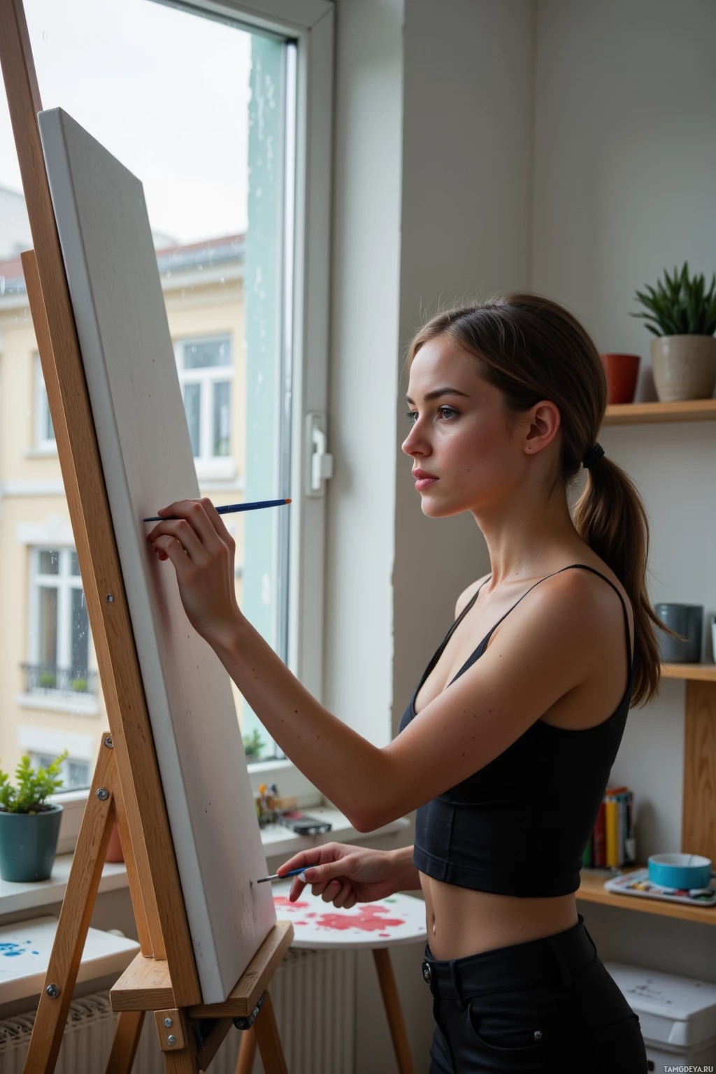 Realistic high quality photo. 30-year-old woman with dark brown low ponytail, deep brown eyes, porcelain complexion, wearing a minimalist black fitted top, matching trousers, elegant heels, and a silver watch, standing in a rainy studio apartment with rain streaks on the window, gazing at an unfinished canvas on an easel while holding a paintbrush, her expression methodical yet impatient, surrounded by paint palettes and studio tools, natural light filtering through the glass.