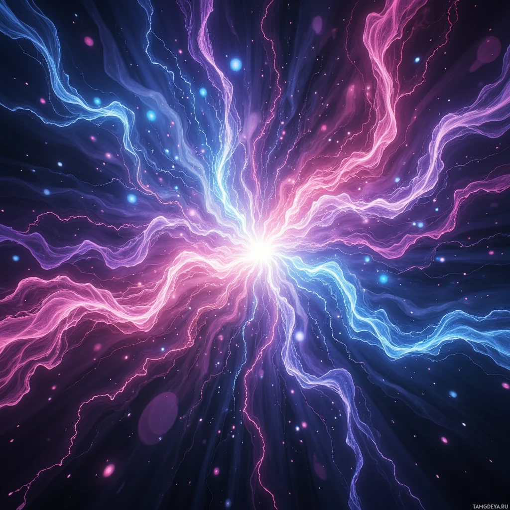 A vibrant cosmic explosion with swirling pink and blue energy streams and glowing particles.