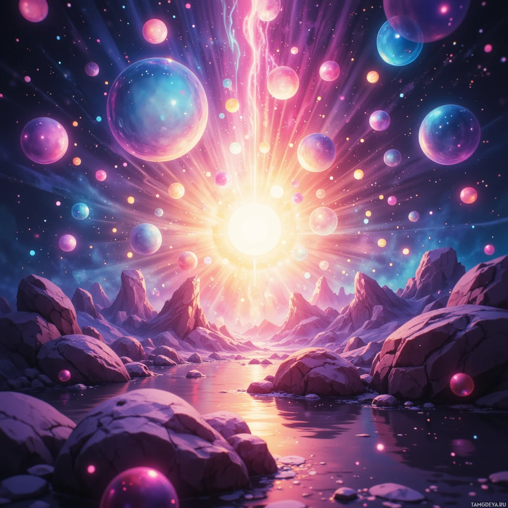 A vibrant cosmic scene with glowing orbs and radiant light beams over rocky terrain and reflective water.