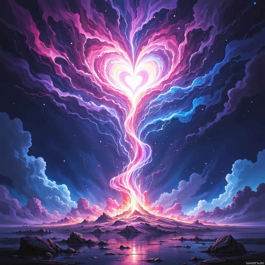 A vibrant heart-shaped light formation rises from a mountainous landscape under a starry sky.