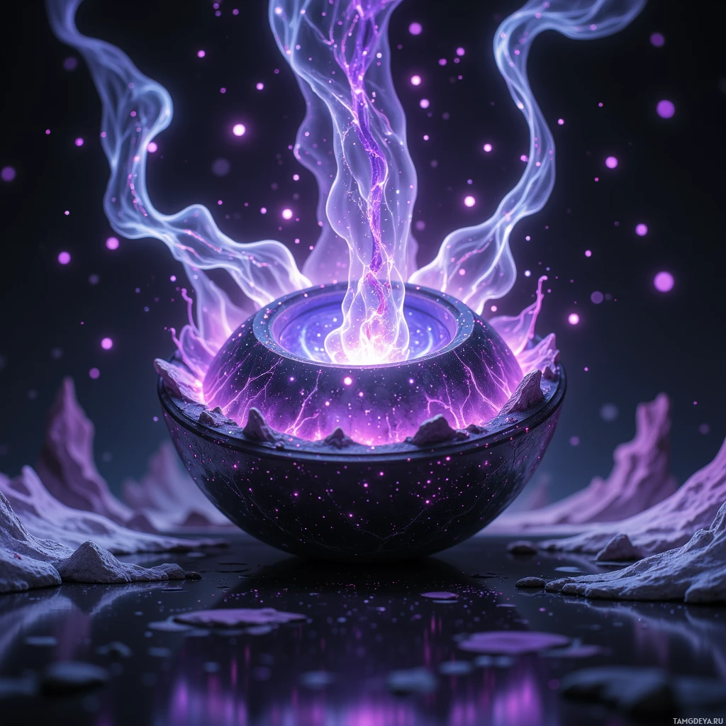 A glowing, ethereal bowl emits vibrant purple and white light, surrounded by a dark, starry background.