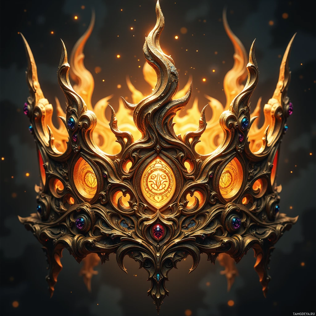 A golden crown adorned with jewels and flames.