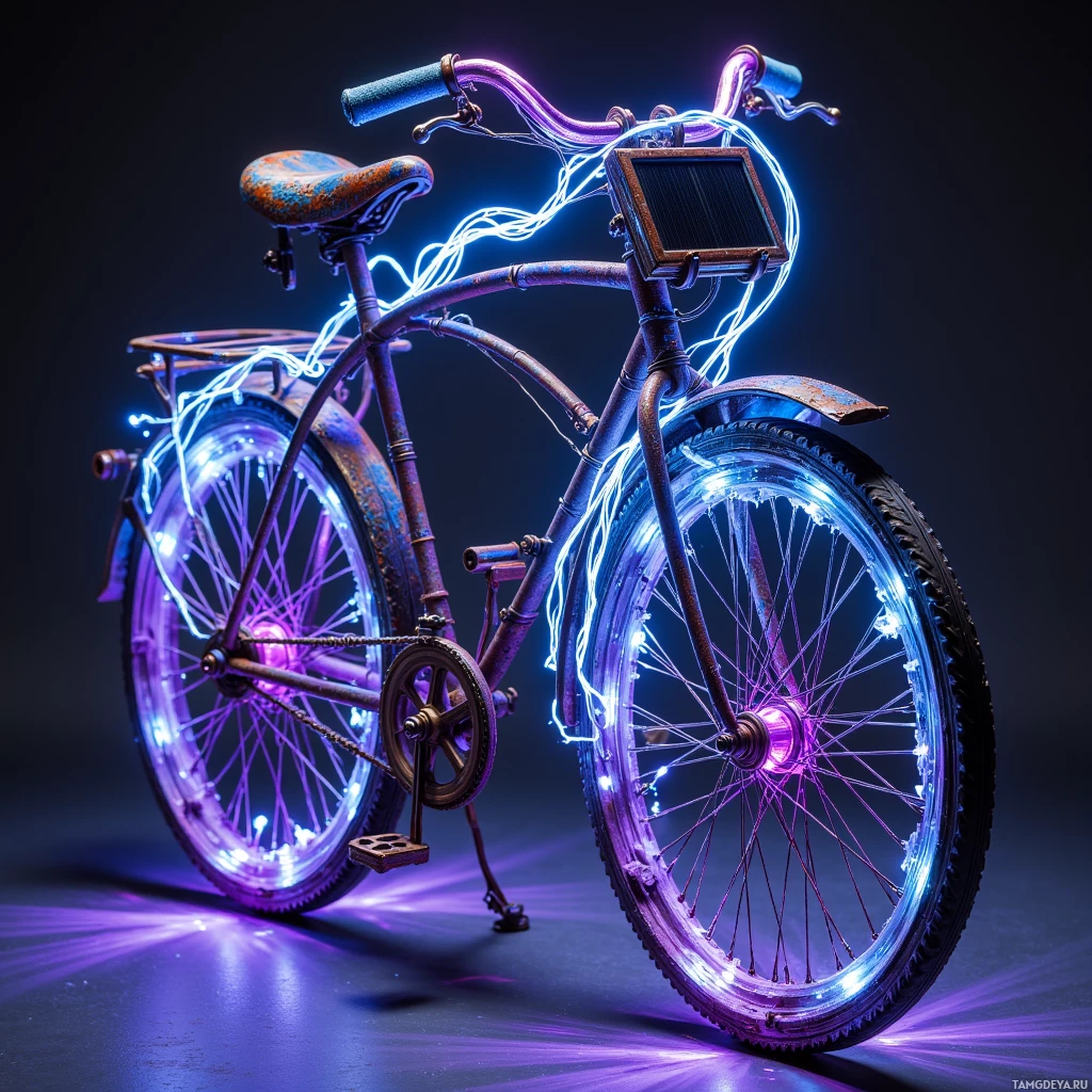 Semi-abstract image with many light, that is suitable for the post:  A rusty scrap bicycle frame turned kinetic lantern, with tattered skateboard wheels, twisted blue‑purple fiber‑optic cables, a hand‑crank feeding a tiny solar panel, all glowing in rippling electric hues when spun.