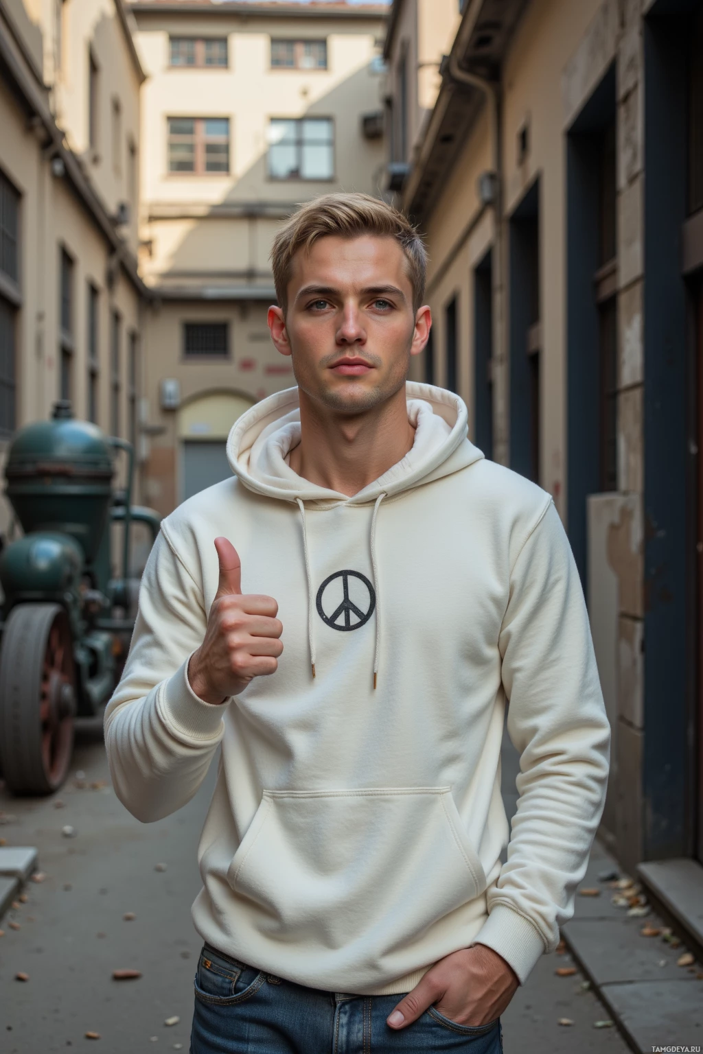 A person wearing a white hoodie with a peace symbol gives a thumbs-up in an alleyway.