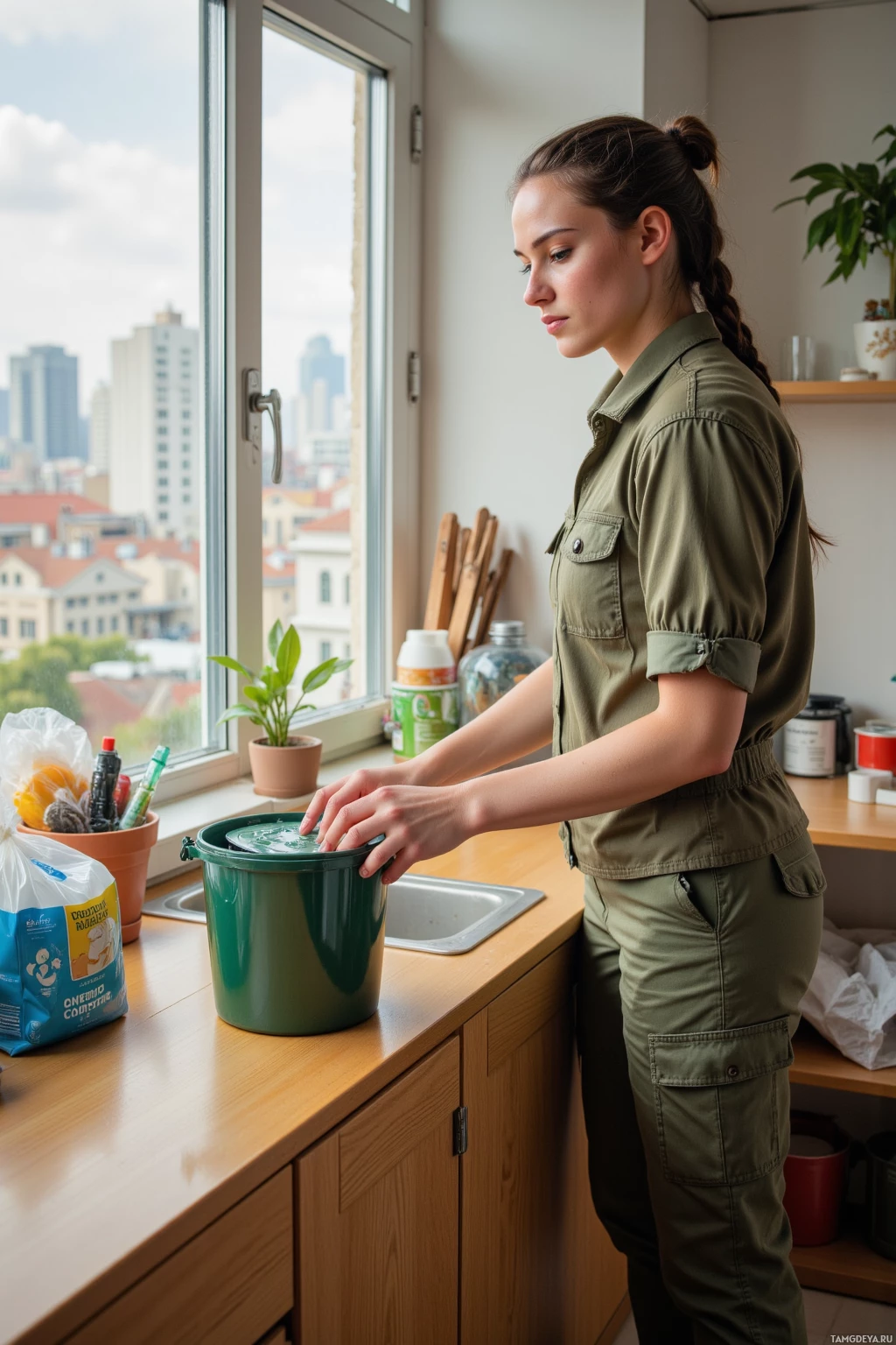 Realistic high quality photo. A woman in her late twenties with braided black hair and brown eyes, wearing green outdoor gear and hiking boots, standing in a tiny sunlit apartment kitchen, placing a small compost bin on a countertop while a window shows a bustling cityscape littered with plastic bags and packaging.