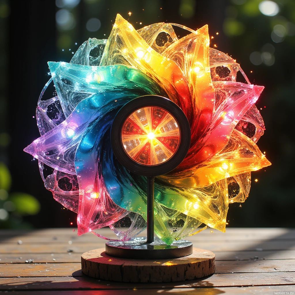 A vibrant, colorful, and illuminated sculpture resembling a flower or pinwheel with a glowing center.