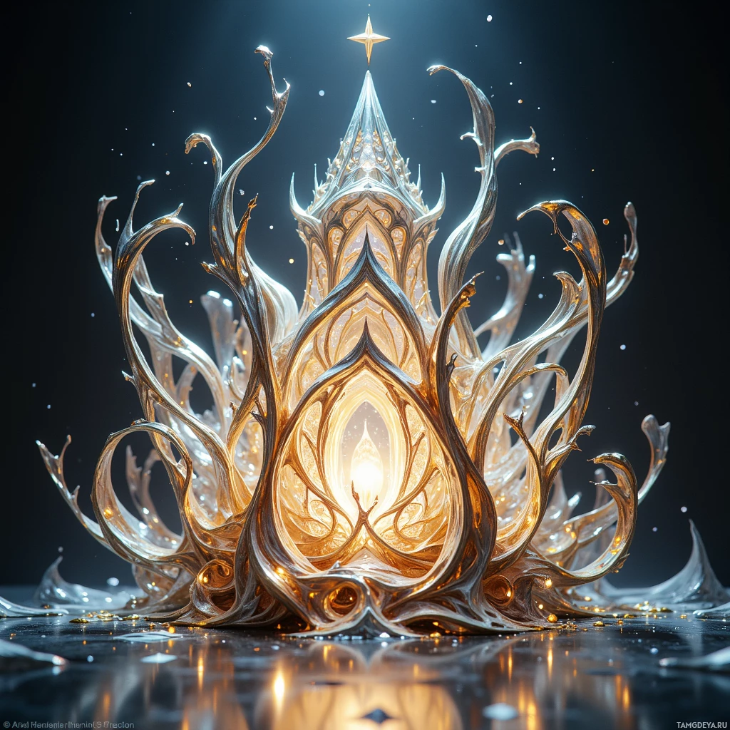 A glowing, intricate structure with organic, flame-like appendages and a star at its peak.