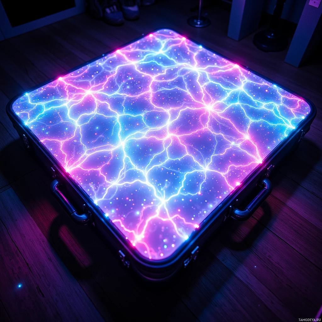 A suitcase with a glowing, electric lightning bolt pattern on its top surface is placed on a wooden floor.