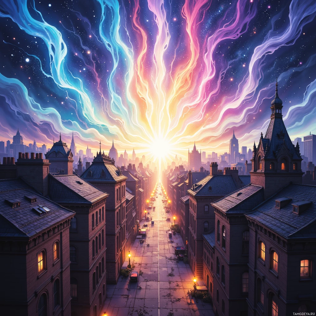 A vibrant cityscape with colorful, wavy light streaks radiating from a bright light source at the horizon.