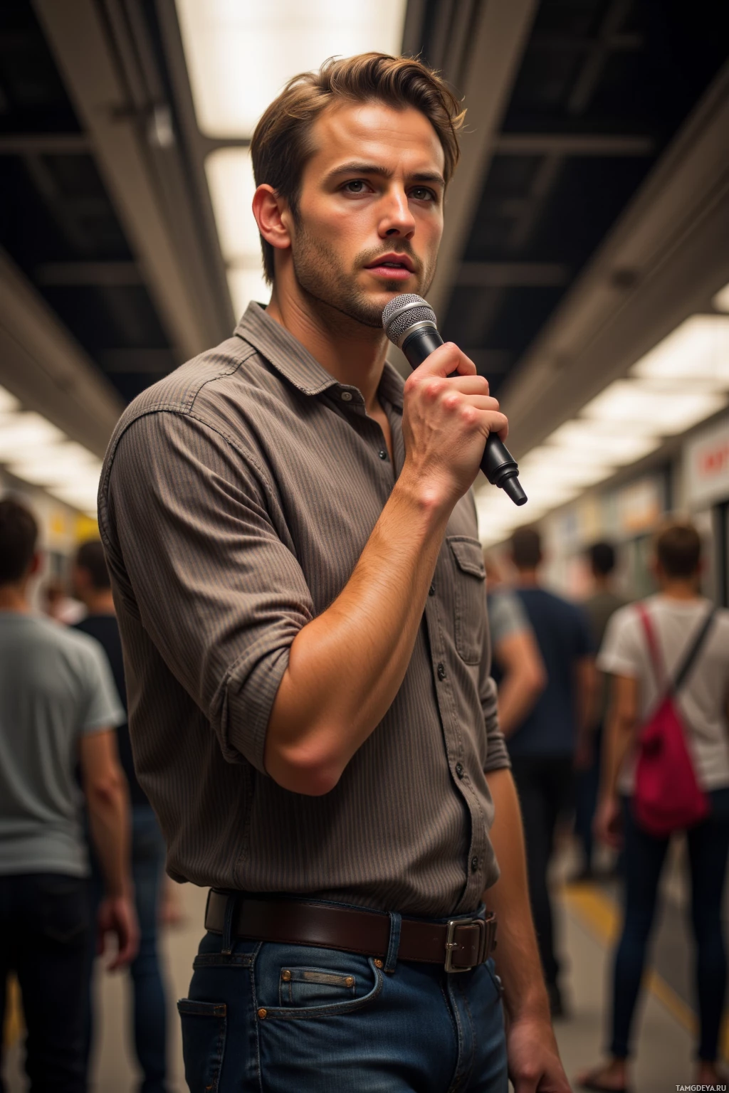 A man in a striped shirt and jeans holds a microphone while standing on a subway platform with other passengers around him.