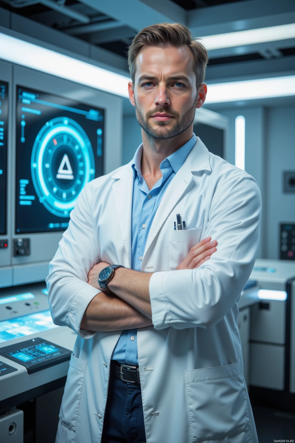 A man in a lab coat stands in a modern, tech-laden environment with his arms crossed.