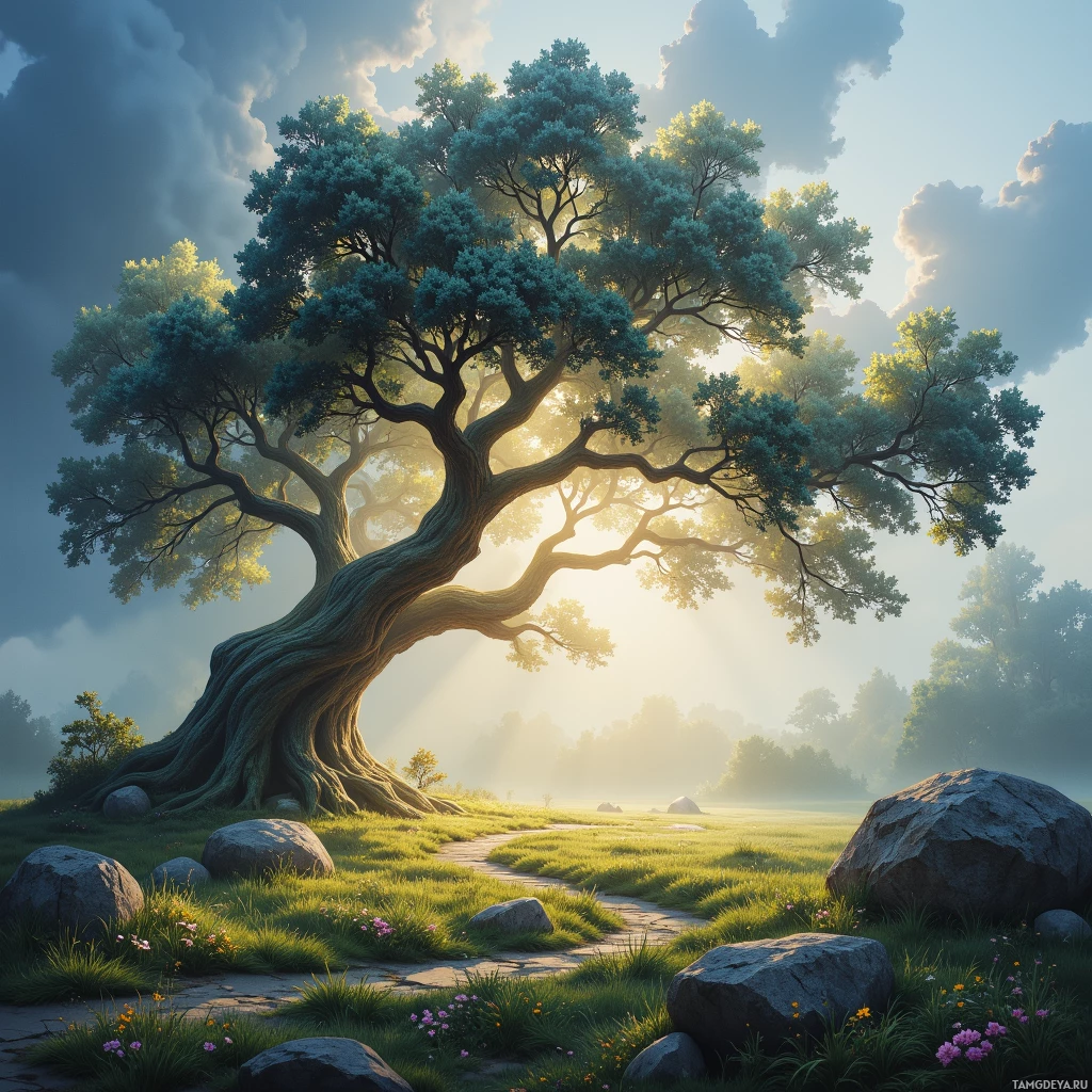 A serene landscape featuring a large tree with sprawling branches, surrounded by rocks and wildflowers, bathed in soft sunlight.