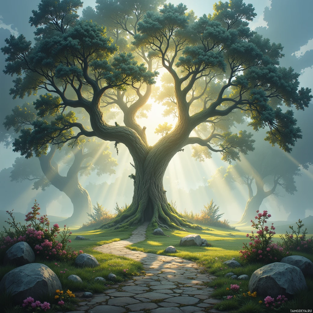A serene forest scene with a large tree, sunlight streaming through, and a stone path leading through the grass.