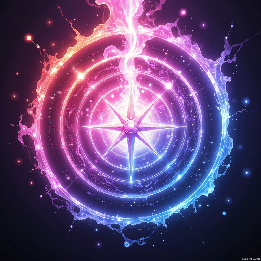 A vibrant, abstract design featuring concentric circles and a central star-like shape with splashes of color and light.