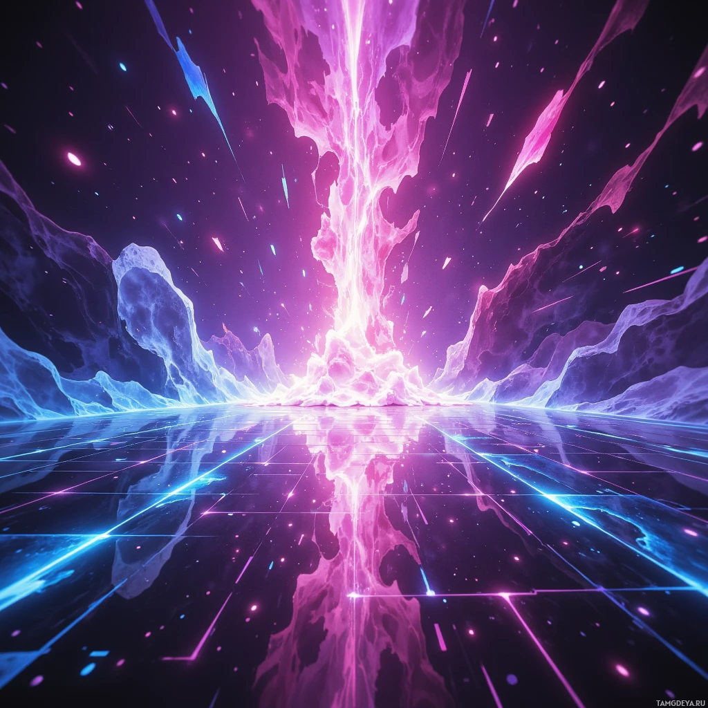A vibrant cosmic scene with glowing pink and blue energy emanating from a central point, reflecting on a glossy surface below against a starry backdrop.