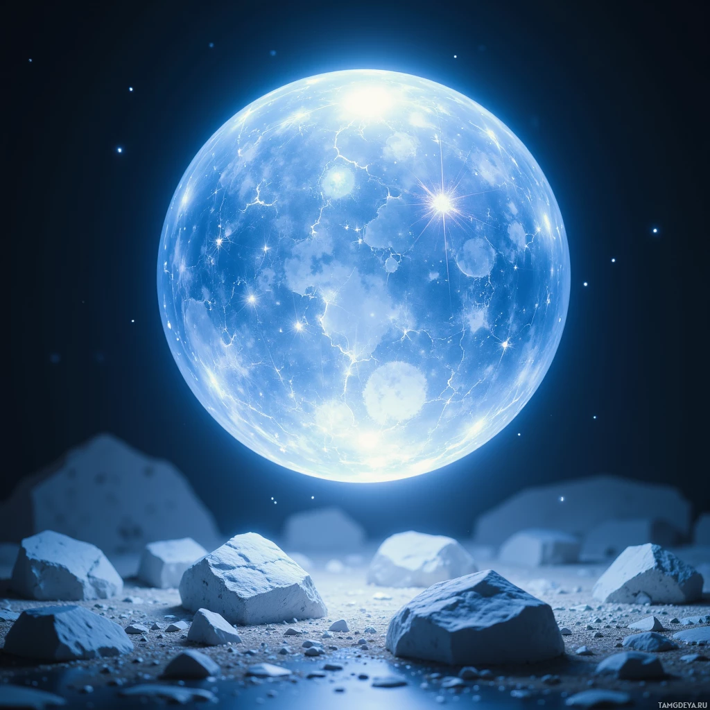 A glowing, ethereal moon illuminates a rocky, moonlit landscape.