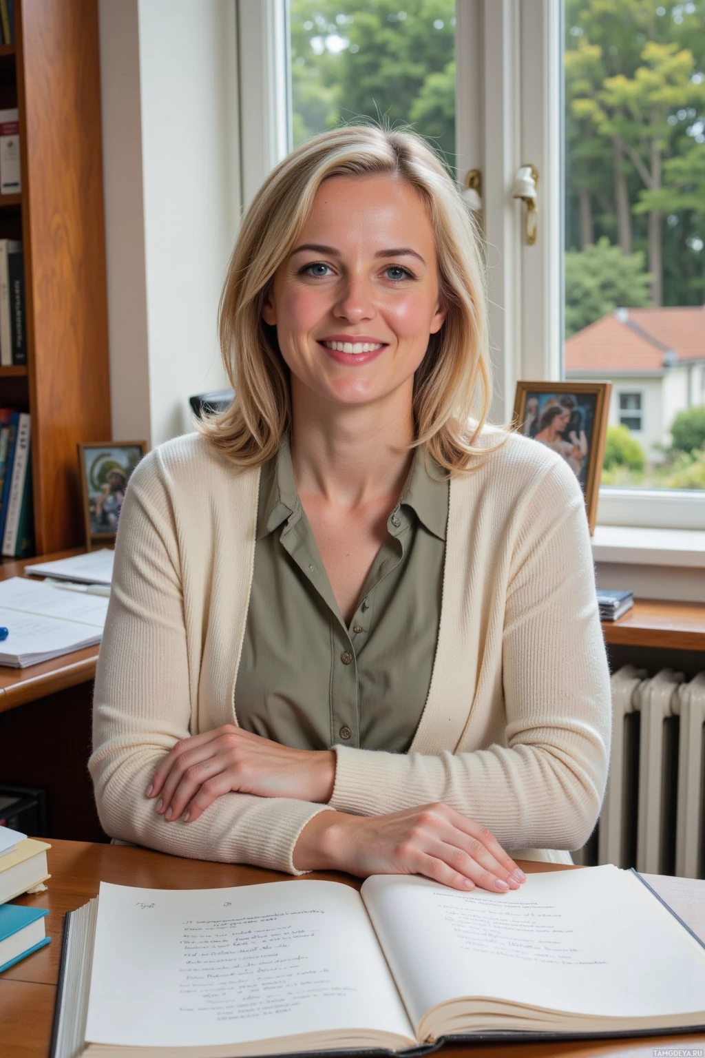 A person is sitting at a desk with an open book, smiling.