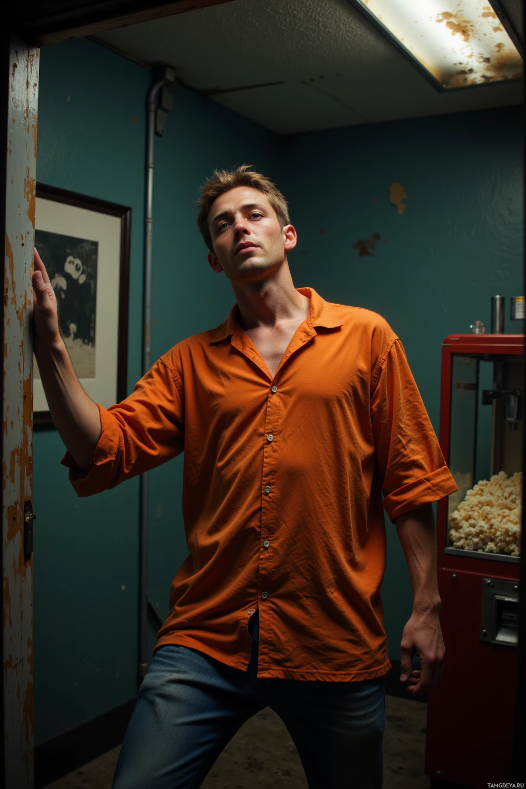 A person in an orange shirt stands indoors near a popcorn machine and a framed picture on teal walls.