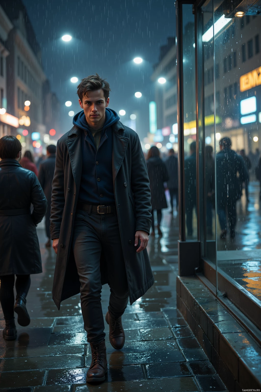A man in a long coat walks down a rainy city street at night.