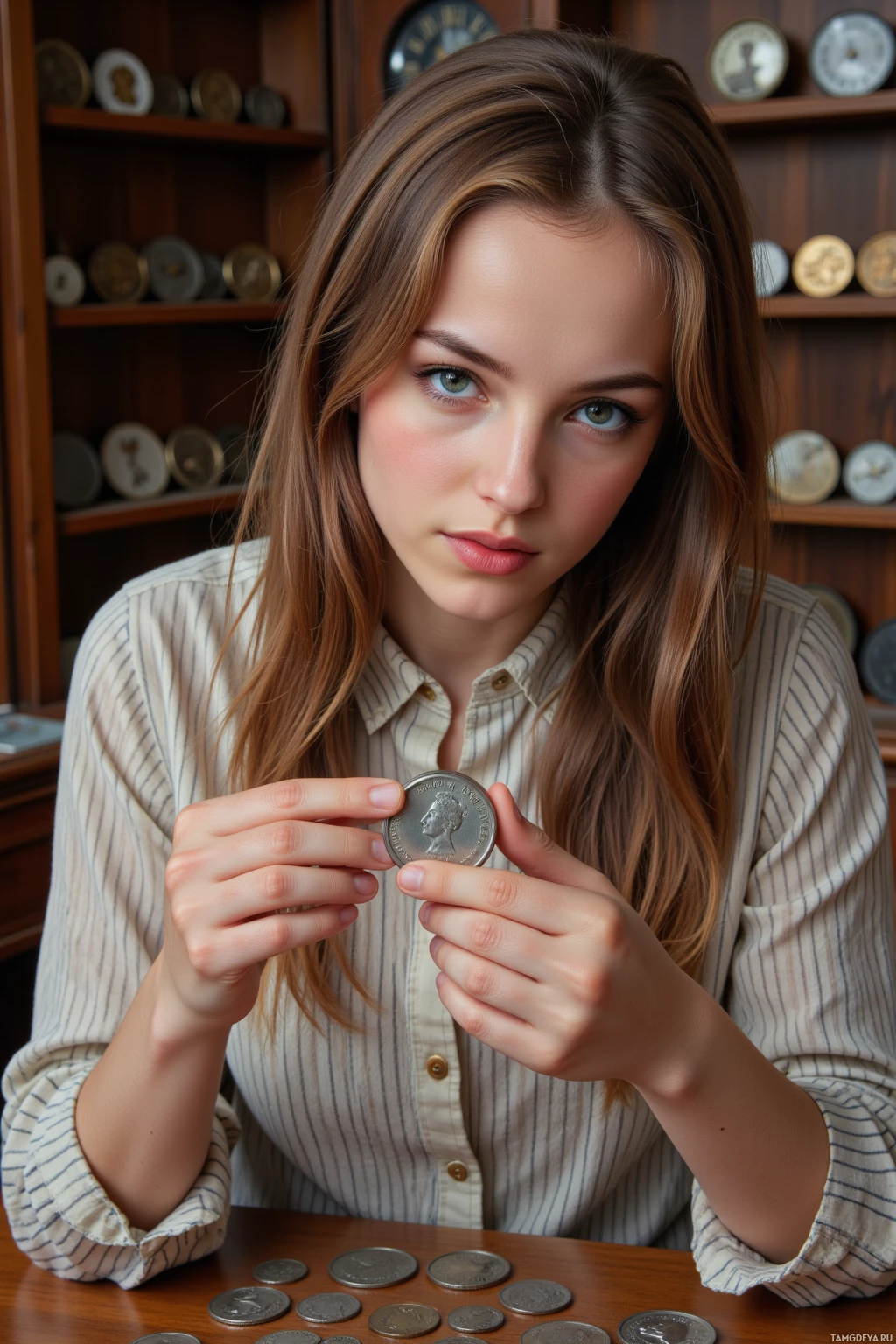 A person holds a coin in front of a collection of coins on a wooden shelf.