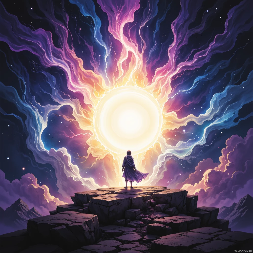 A person stands on a rocky platform, gazing at a radiant, glowing orb surrounded by swirling cosmic energy.