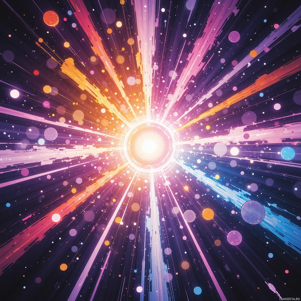 A vibrant, abstract burst of light with radiating colors and glowing particles.