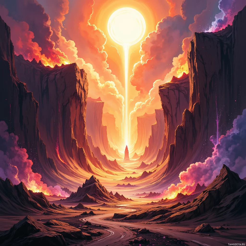 A surreal landscape featuring towering cliffs, a glowing celestial body, and vibrant, dynamic clouds.