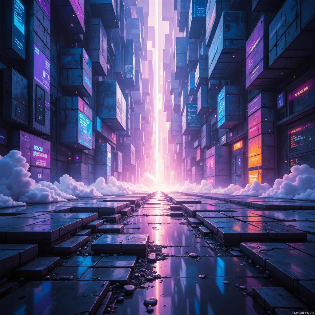 A futuristic cityscape with towering buildings and glowing screens under a bright light at the end of a street.