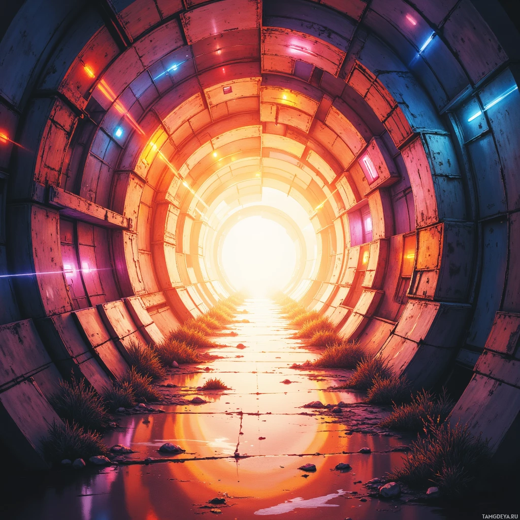 A futuristic tunnel with glowing lights and a bright light at the end.